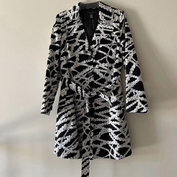 Women Midi Belted Black and White Trench Coat Jacket Blazer - Picture 2 of 14